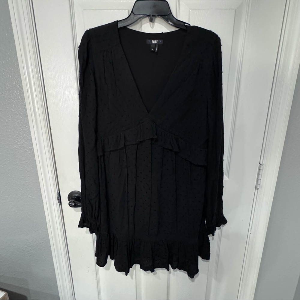 PAIGE Black Swiss Dot Ruffle Mini Dress M Long Sleeve‎ Boho Babydoll